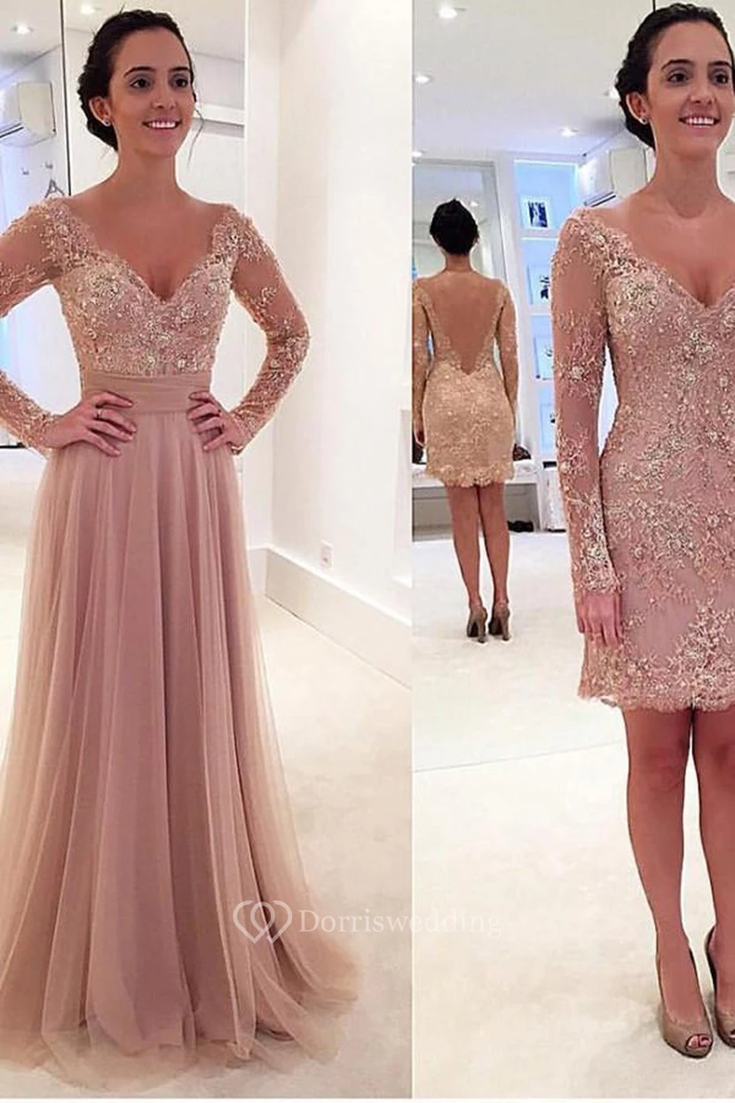A-Line Satin V-neck Long Sleeve Illusion Low-V Back Dress