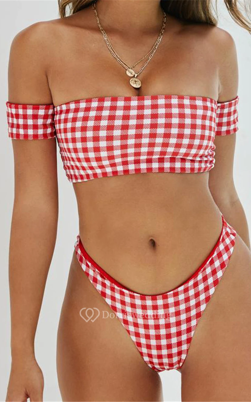 Ensemble bikini bandeau sans bretelles à imprimé quadrillé view 4