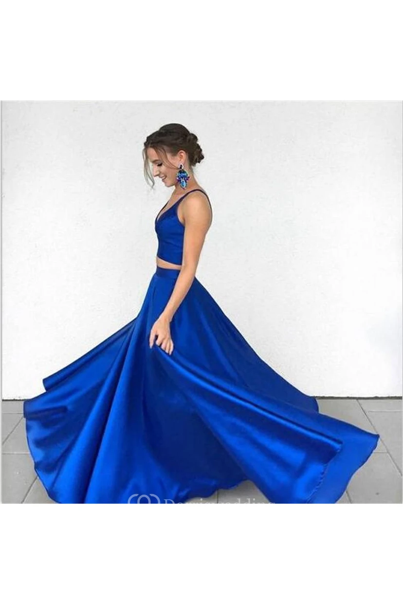 A-Line Two Piece Satin V-neck Sleeveless Zipper Dress view 2