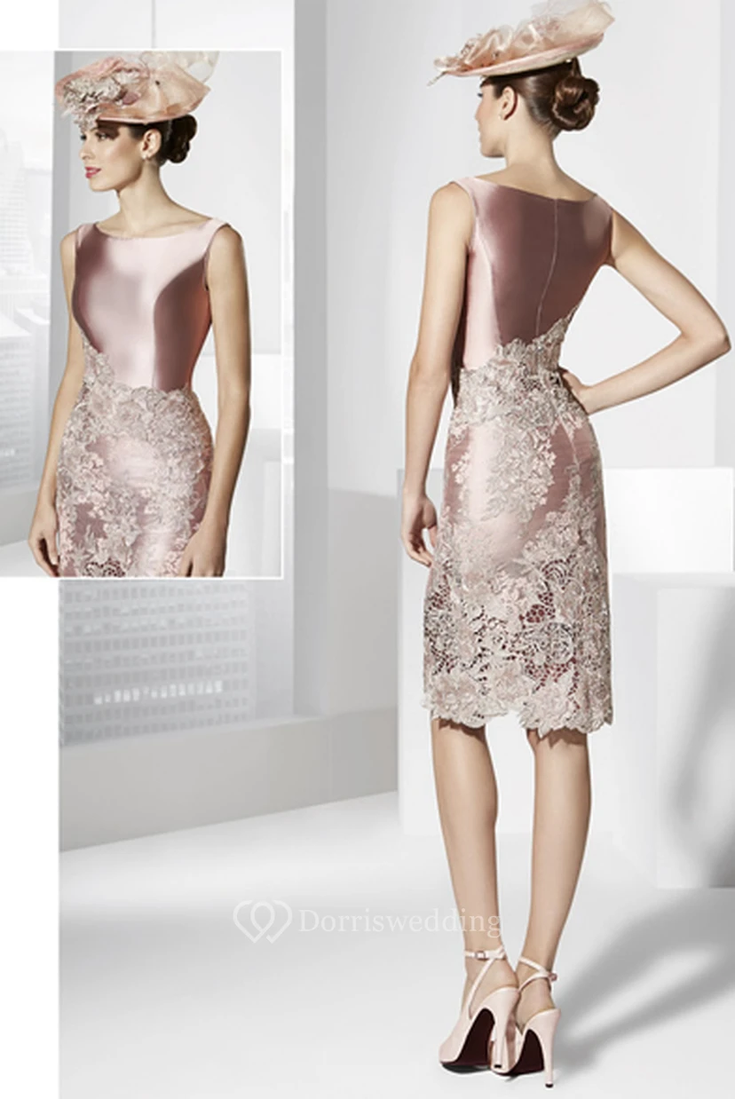 Pencil Appliqued Half-Sleeve Knee-Length Satin Prom Dress With Jacket view 2