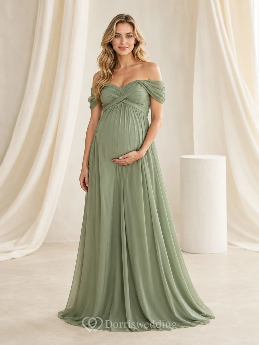 Maternity Sage Off Shoulder Empire Floor-Length Romantic Formal Dress