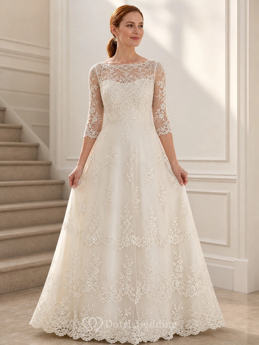 Schlichtes, florales, elegantes A-Linien-Kleid aus Spitze mit bodenlangem U-Boot-Ausschnitt und Dreiviertelärmeln für die Mutter der Braut