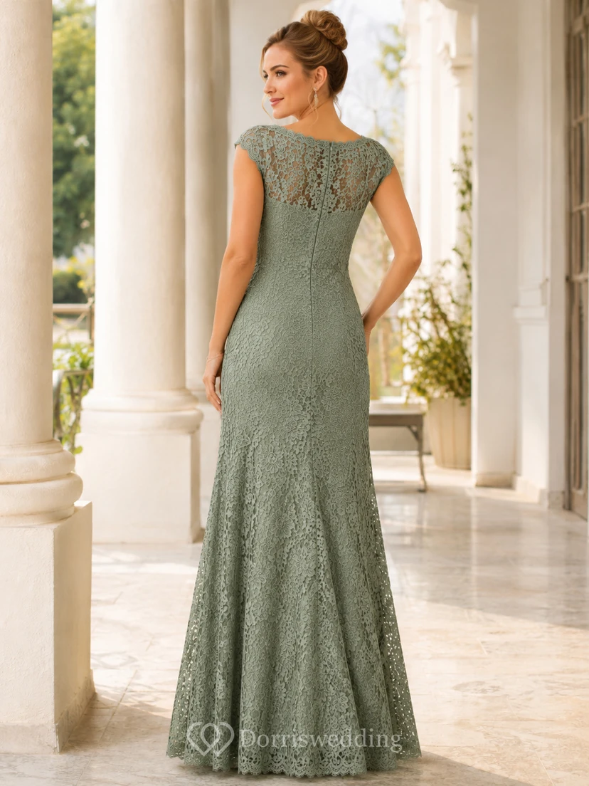 Elegante vestido de noche formal largo hasta el suelo, de encaje completo, con escote barco, mangas cortas y corte sirena, color celadón. view 2