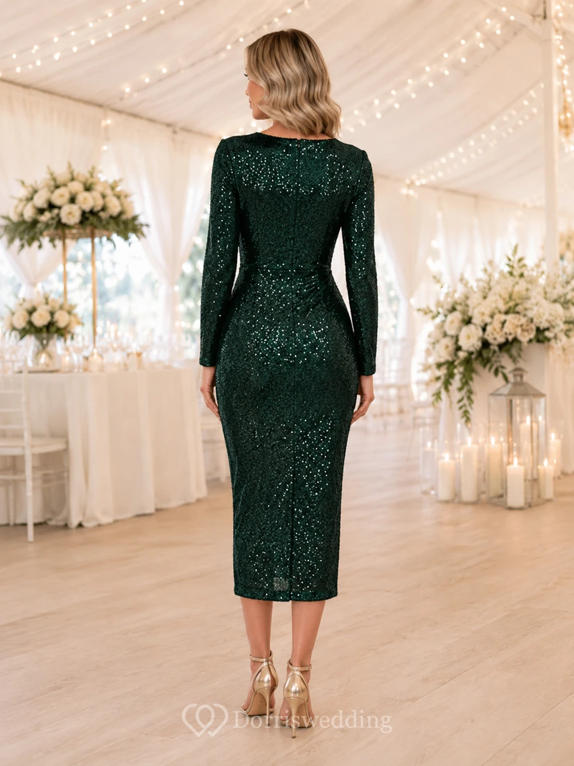 Robe midi fourreau à sequins vert foncé, manches longues, style bateau view 2