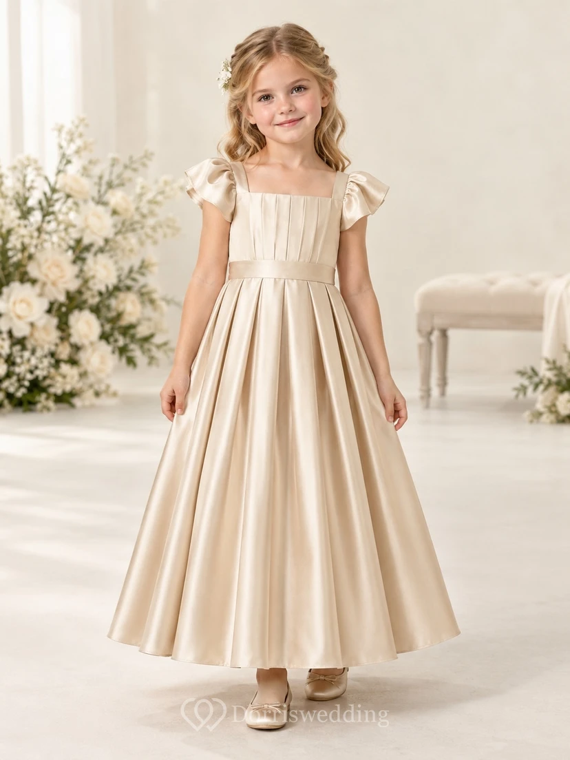 Simple Square-neck Champagne Ankle-length Satin Flutter-sleeve Tucked-bodice Banded Pleated Zipper-back Flower Girl Dress