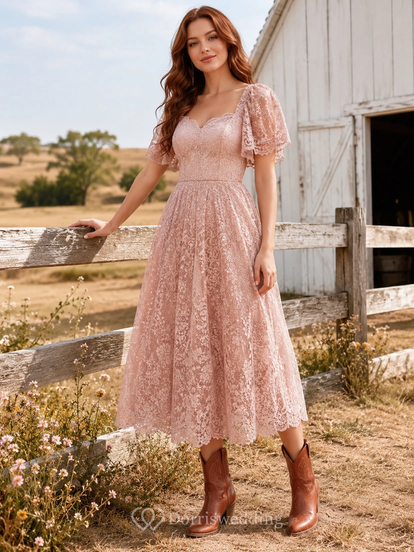 Altrosa Spitzenkleid mit Puffärmeln, V-Ausschnitt und Teelänge