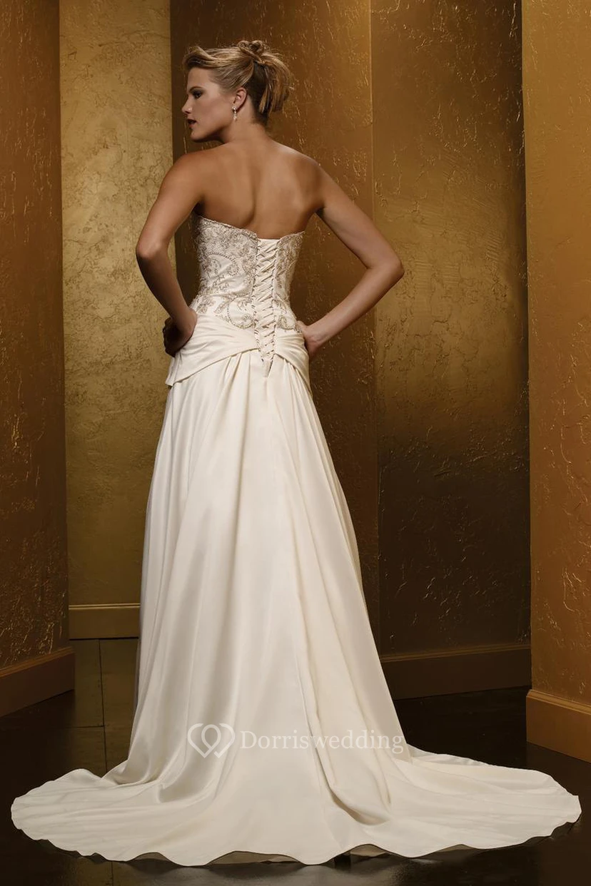 A-Line Sleeveless Beaded Floor-Length Strapless Satin Wedding Dress With Broach And Lace-Up Back view 2