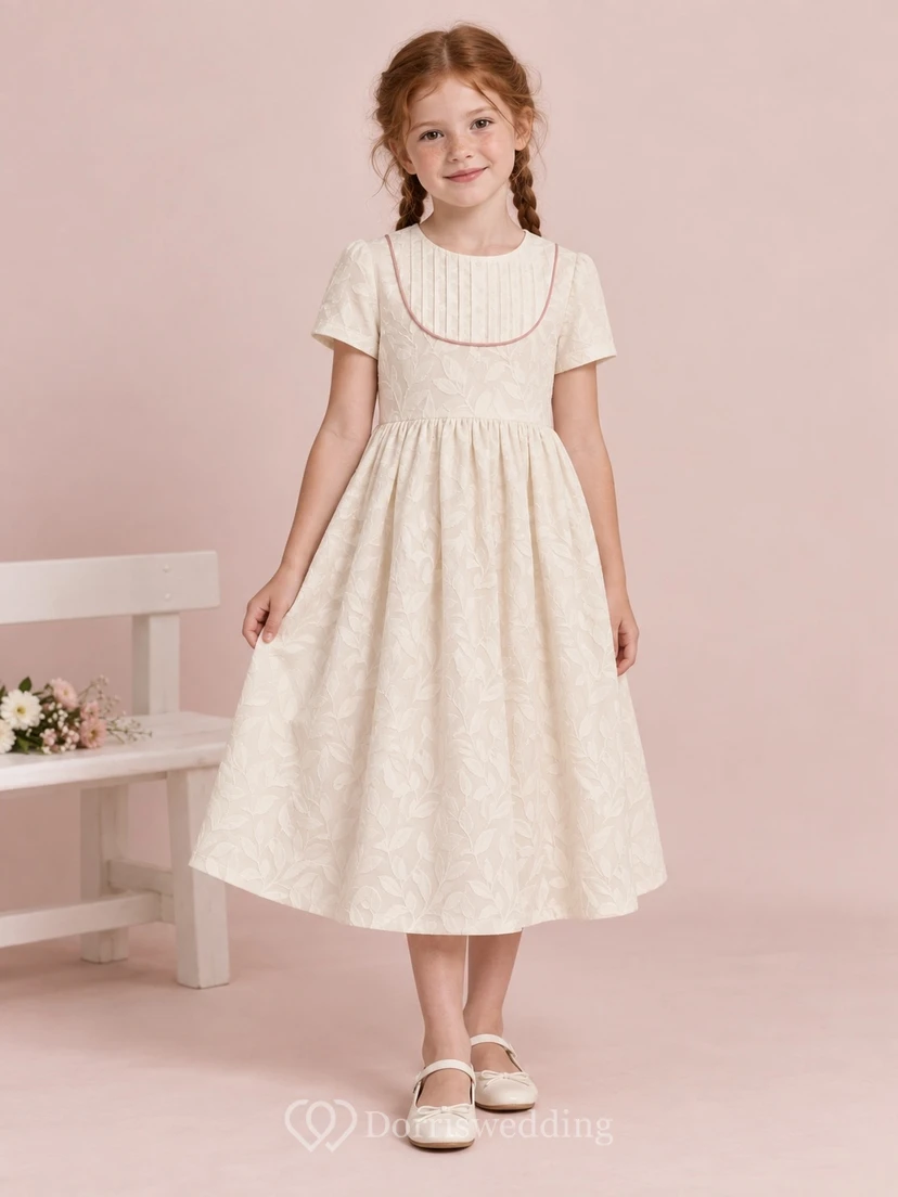 Modest Vintage Cream Tea-length Jewel Short-Sleeve Pintucked Piped-Yoke Leaf-Jacquard Gathered Button-Back Flowergirl Dress