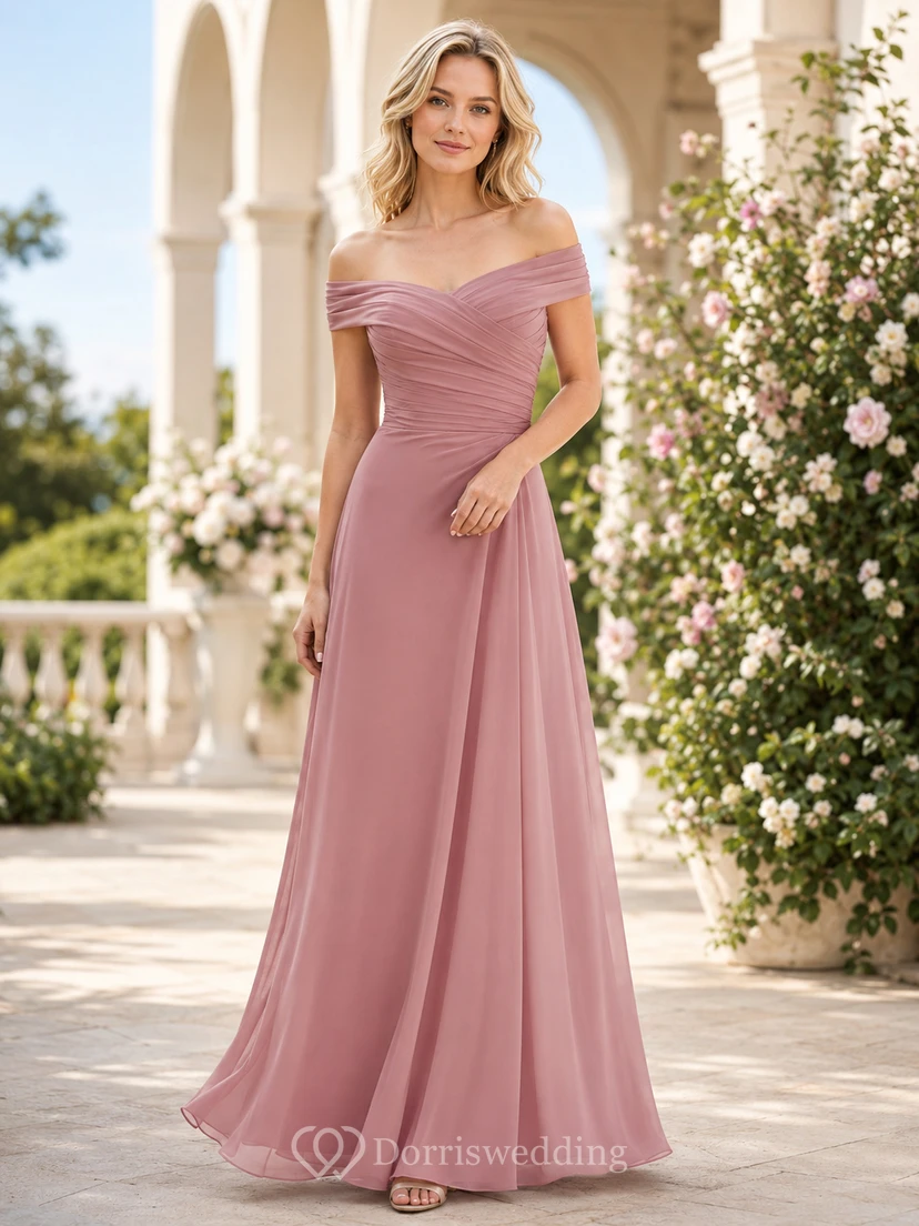 Elegante vestido de noche largo hasta el suelo, de gasa fruncida con hombros descubiertos, color rosa empolvado, corte en A, para mujeres de baja estatura.