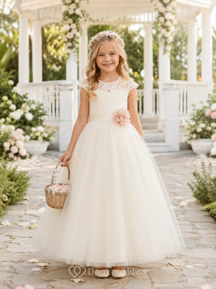 Flower Girl Dress Ivory Lace Tulle A-Line Short Sleeve Scoop Neck Tea Length