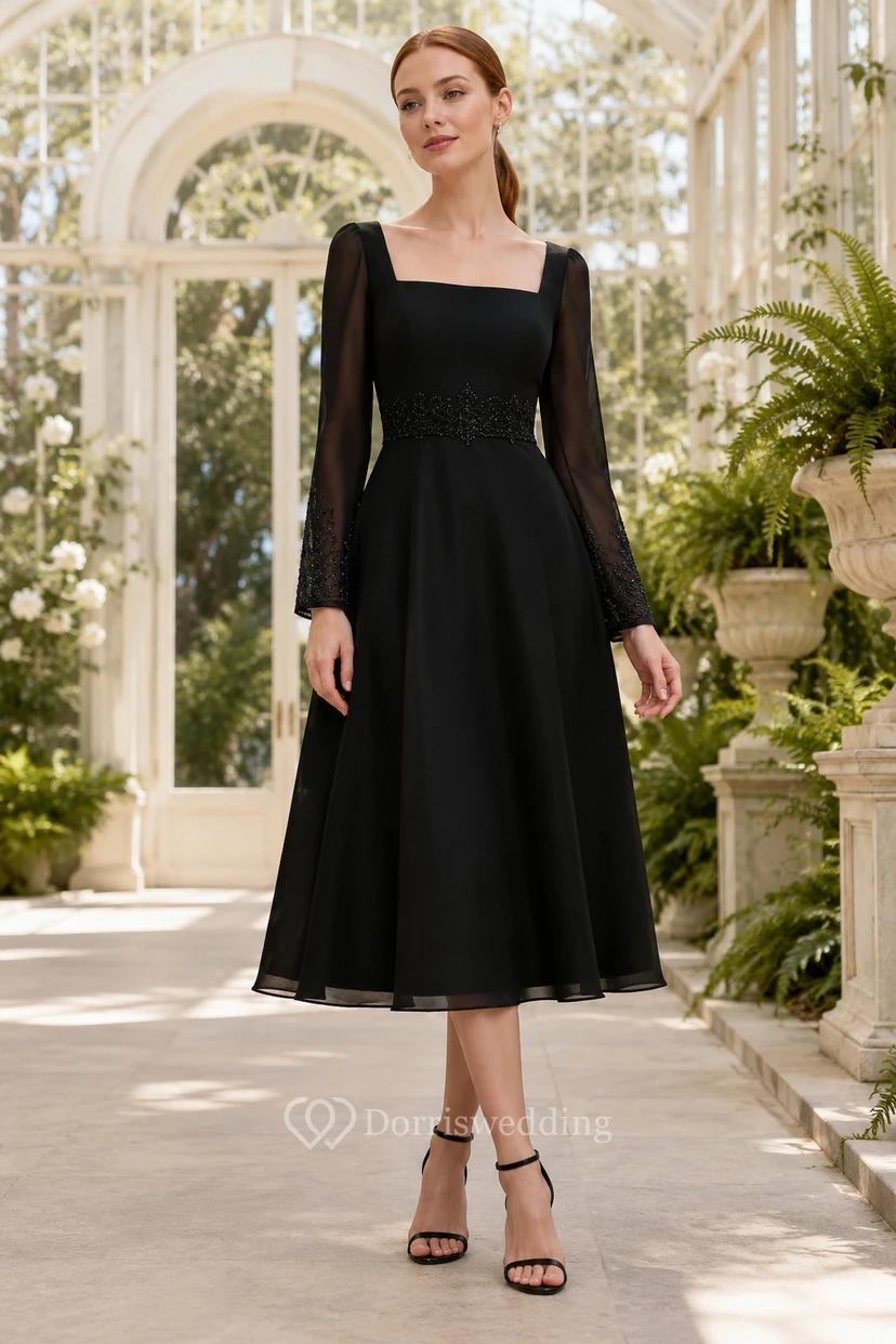 Black Tea Length A-Line Dress with Square Neck and Long Illusion Sleeves