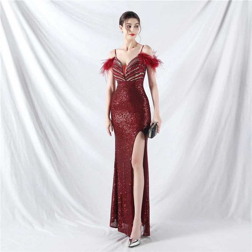 Elegantes Abendkleid mit Straußenfedern und Perlen, sexy, lang, mit Trägern und Schlitz view 43