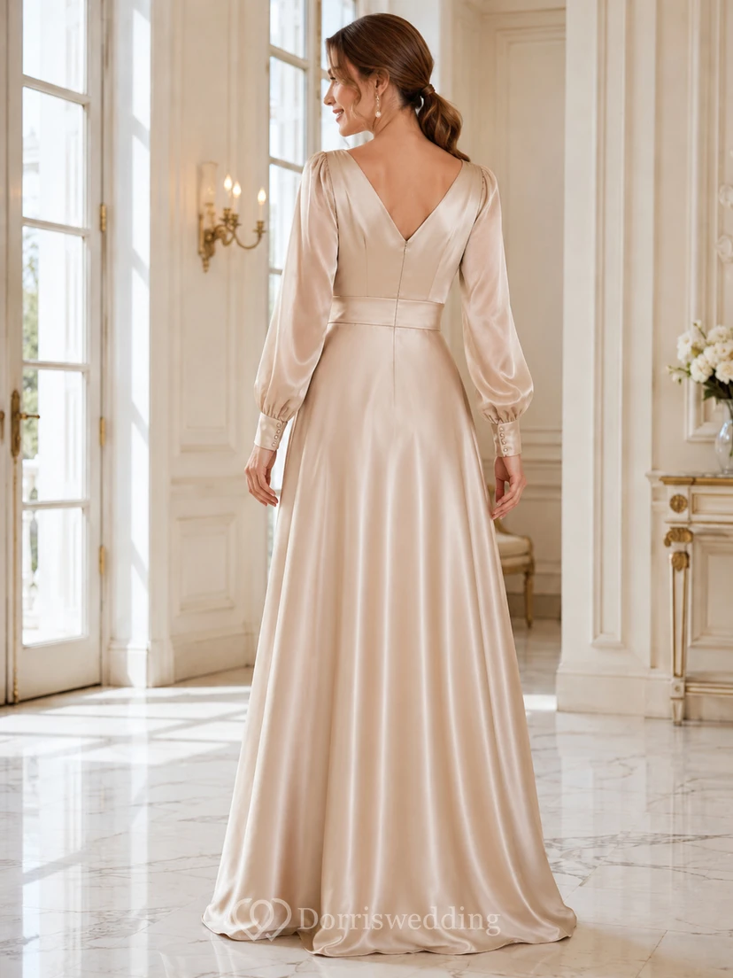 Champagne V-Neck Poet-Sleeve Ruched Satin Elegant A-Line Floor Evening Gown view 2