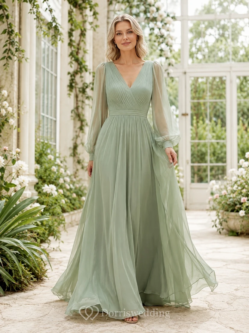 Modest Sage V-Neck Long Poet Sleeve Chiffon A-Line Floor-Length Gown