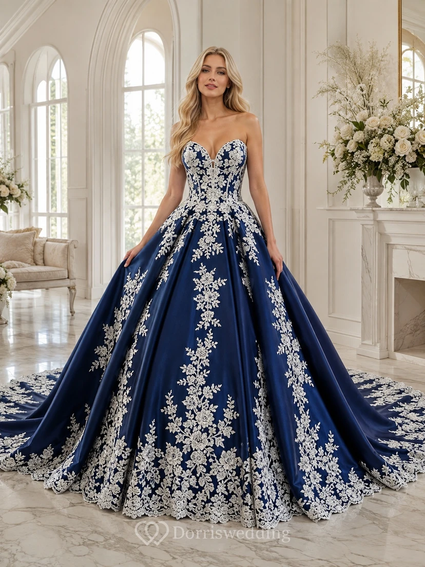 Königsblaues, aufwendig verziertes Ballkleid mit Herzausschnitt, ärmellos, aus Tüll, luxuriöses Kapellen-Hochzeitskleid
