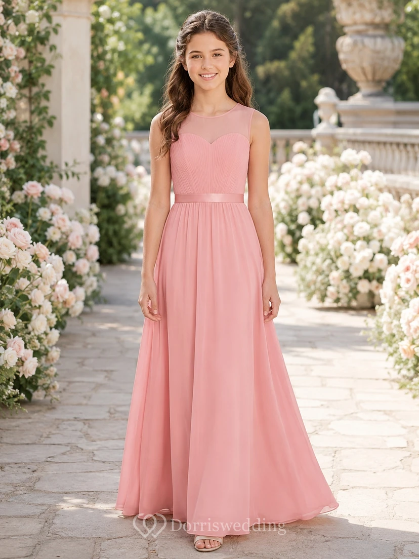 Romantisches, korallenfarbenes, ärmelloses Chiffon-Brautjungfernkleid in A-Linie mit Herzausschnitt und bodenlanger Länge