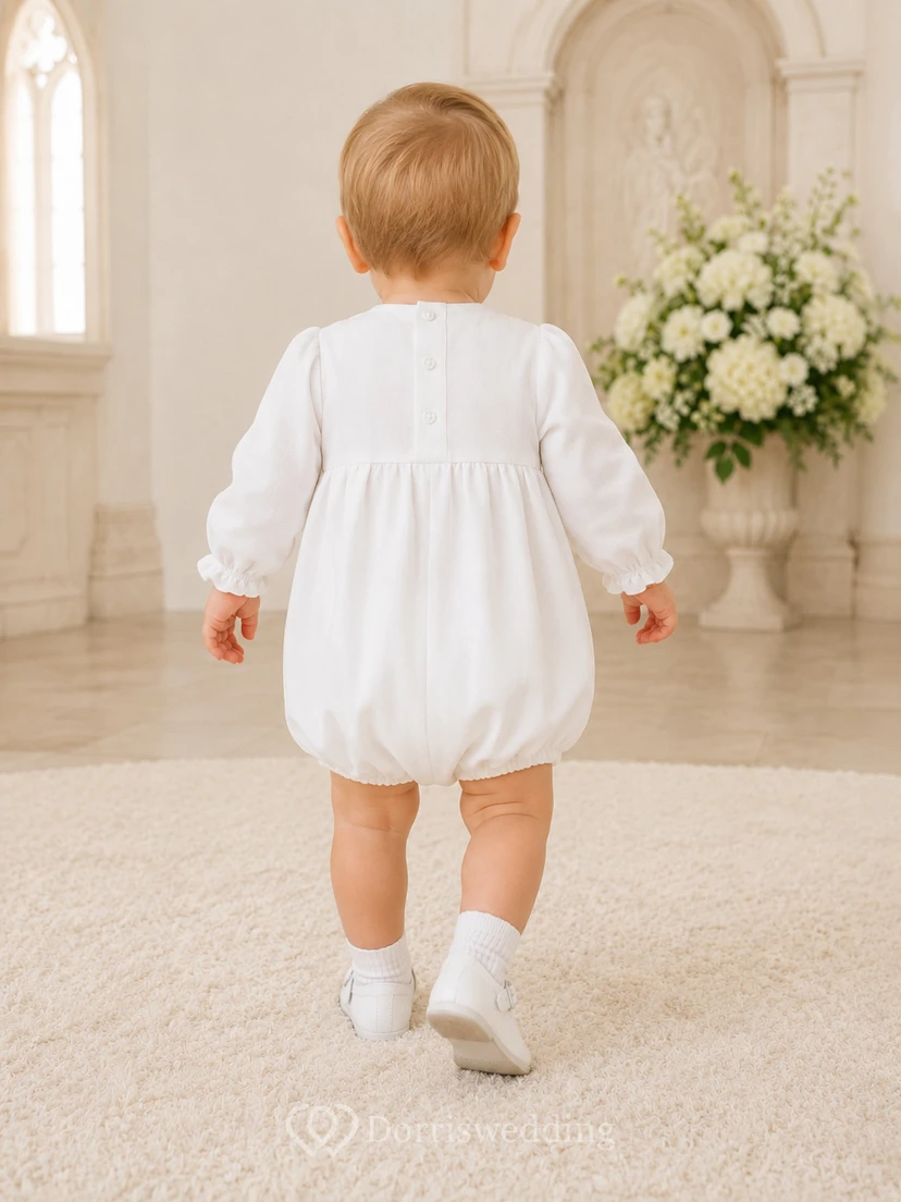 White Smocked Bib Long Sleeve Christening Bubble Romper for Baby Boy view 2