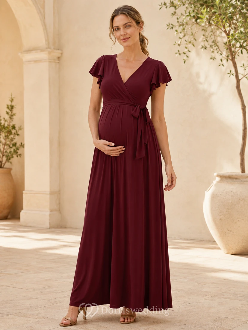 Robe de soirée bordeaux de maternité portefeuille à col V et manches papillon, coupe empire, longueur au sol