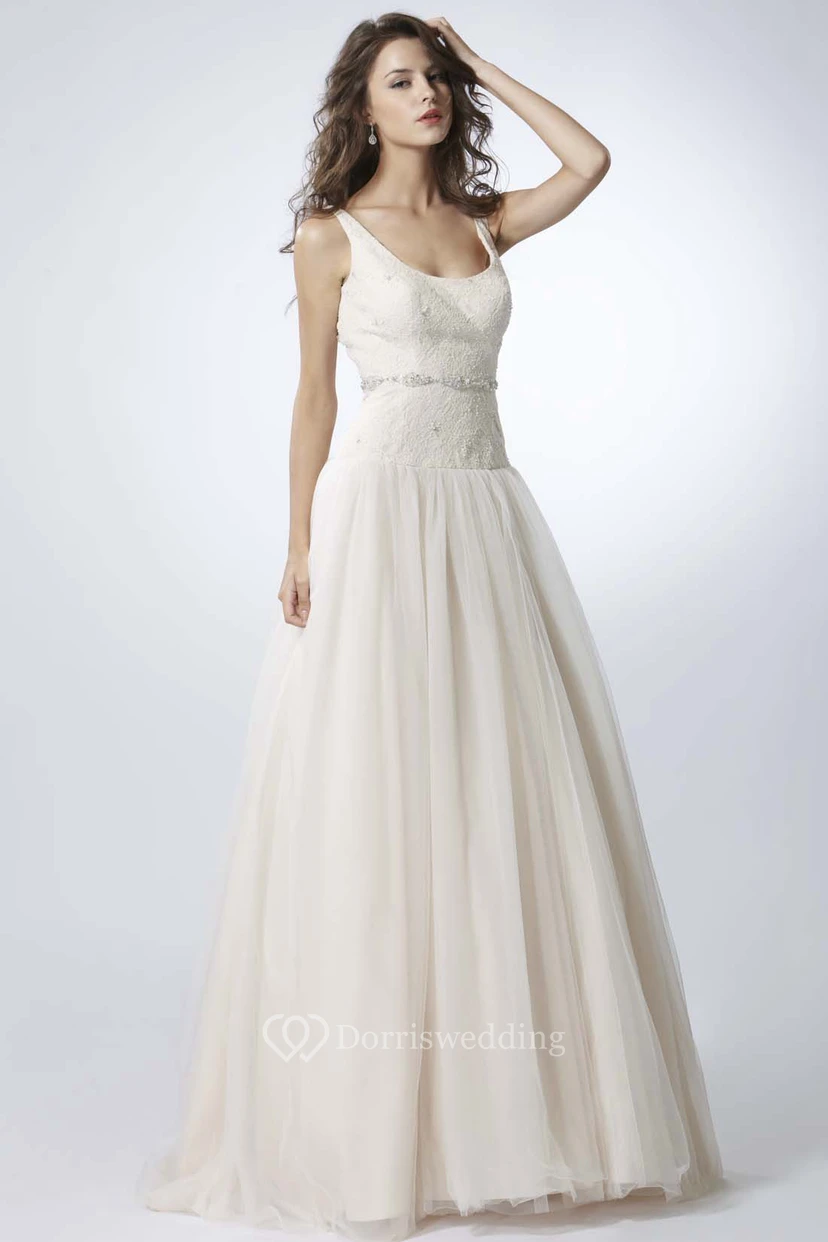 Long Square Jeweled Tulle Wedding Dress With Sweep Train And V Back view 3