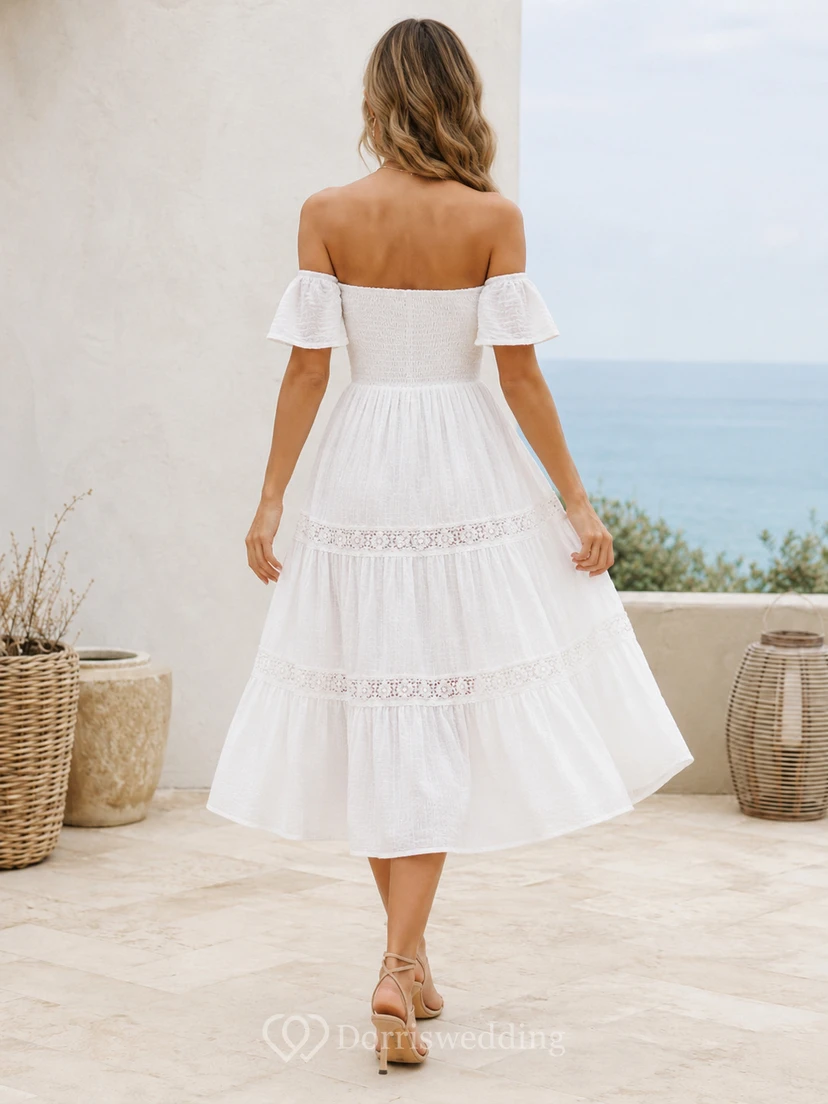 White Off-Shoulder Tiered Chiffon Lace Bohemian Beach Dress Refined Occasion view 2