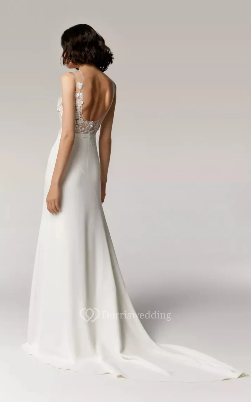 Casual Sleeveless Bateau-neck Sheath Chiffon Simple Wedding Dress with Illusion Lace Top view 2