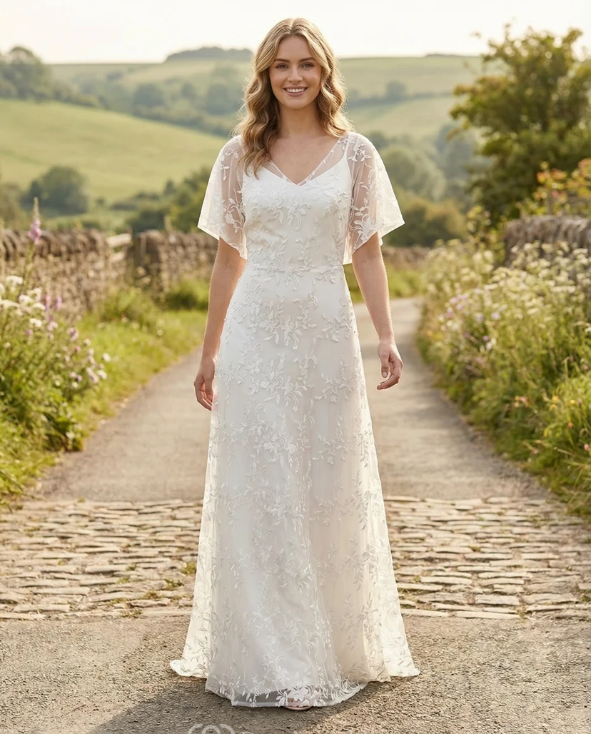 Robe de mariée bohème en dentelle, coupe trapèze, col en V, manches papillon, style champêtre view 3