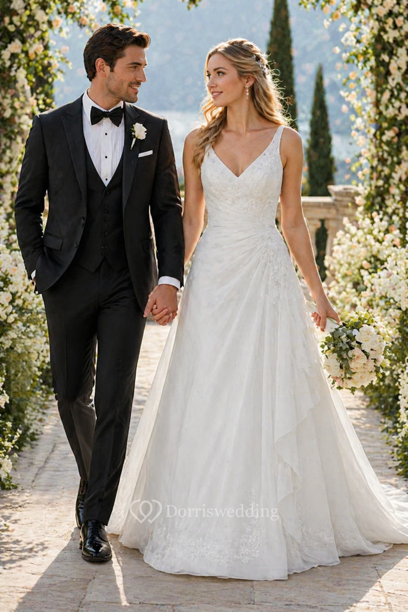 Robe de mariée trapèze à col en V, ornée d'appliqués de dentelle, en mousseline de soie, avec corsage froncé et traîne.