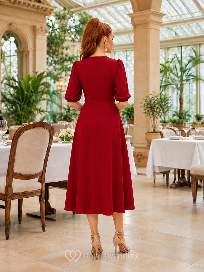 Red V Neck Puff Sleeve A Line Midi Guest Dress view 2