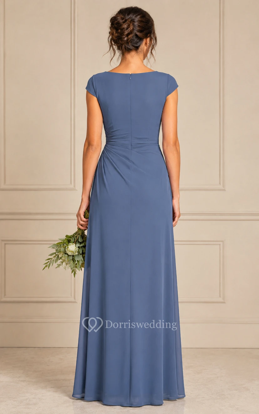 Steel Blue Bateau Short Sleeve Sheath Bridesmaid Dress view 2