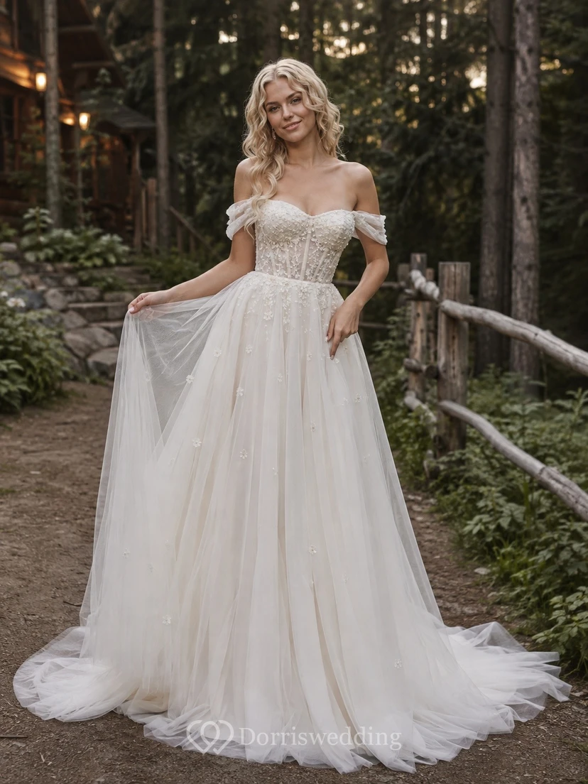 Vestido de novia rústico de corte A con hombros descubiertos y largo hasta el suelo de tul, ideal para fugarse.
