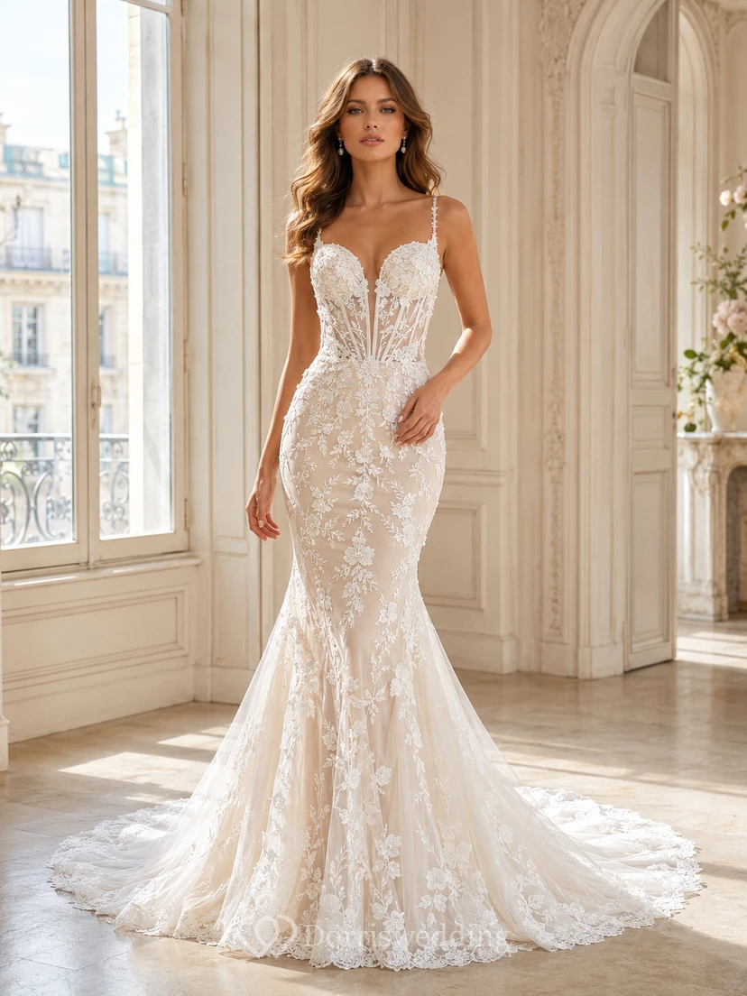 Robe de mariée sirène sans manches à décolleté plongeant en dentelle spectaculaire et traîne chapelle, ornée d'appliqués floraux, style jardin.