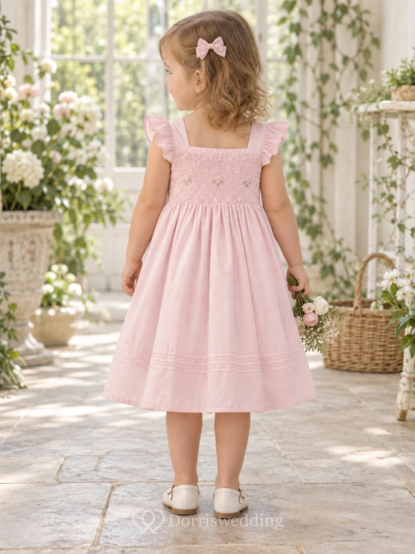 Rosa A-Linien-Kleid im Landhausstil mit eckigem Ausschnitt, gerafften Rüschenärmeln und knielangem Bündchensaum für Blumenmädchen view 2