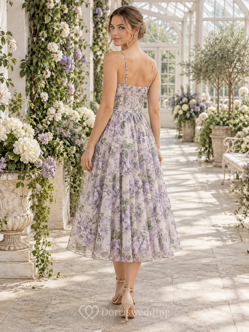 Vestido de verano de corte A con escote corazón y tirantes finos, estampado floral lavanda y largo midi. view 2