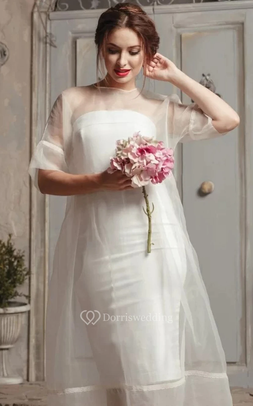 Modernes A-Linien-Brautkleid aus Organza mit Teelänge, halben Ärmeln und Knöpfen view 3