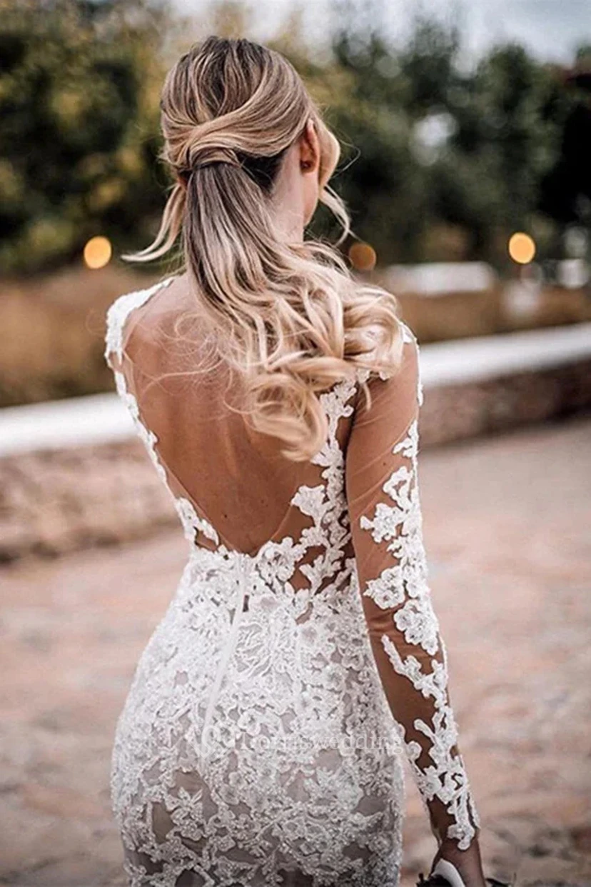 Modern Illusion Lace Wedding Dress with Sheer Long Sleeves view 3