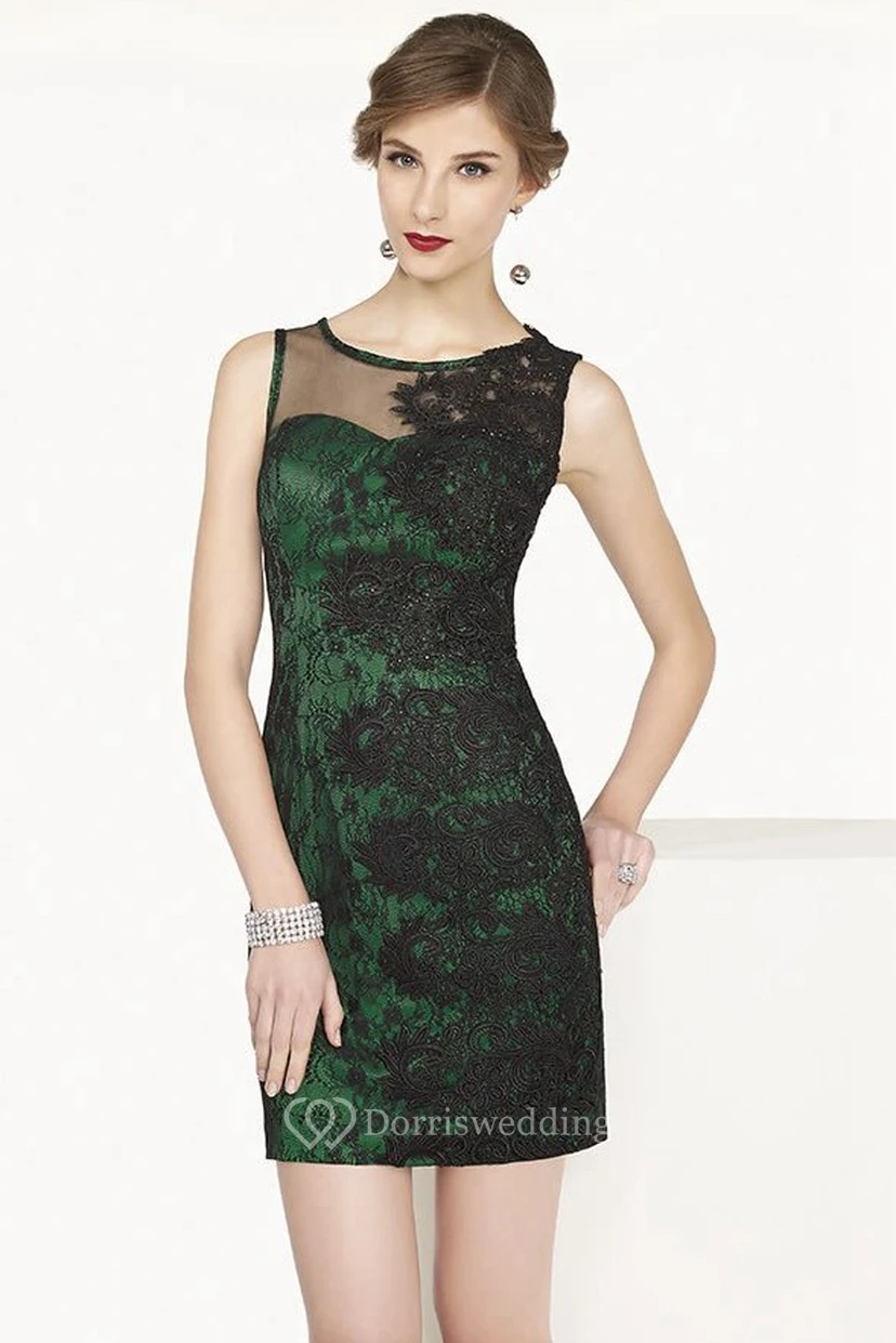 Jewel Neck Sheath Lace Short Prom Dress Illusion Style