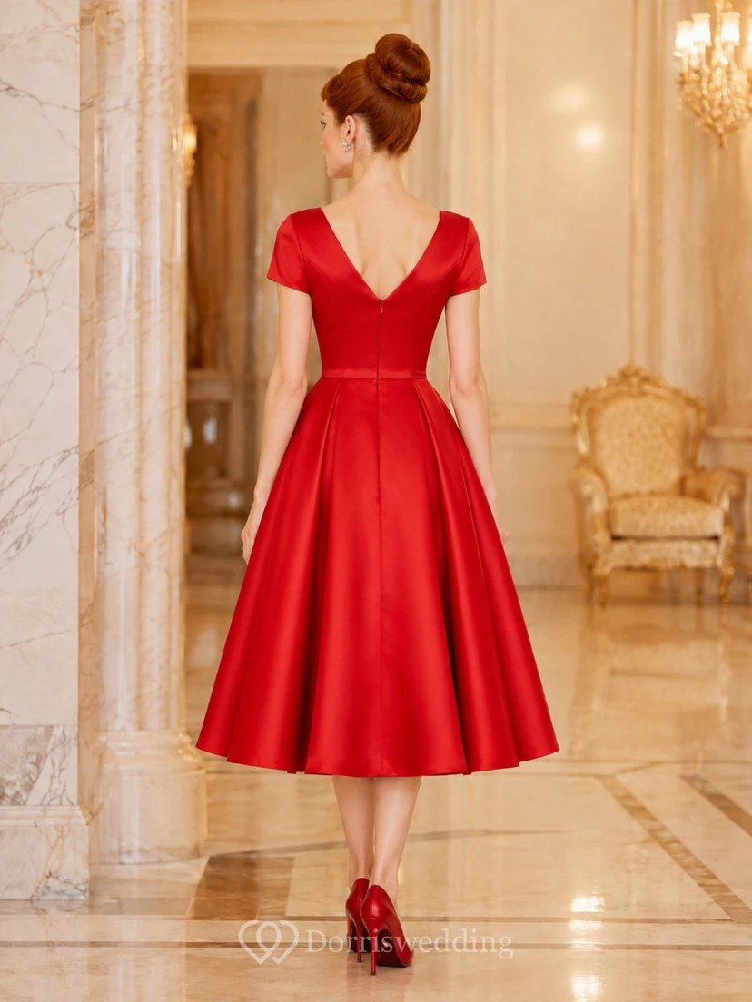 Vestido vintage rojo de satén con cuello joya, manga corta y largo hasta la rodilla. view 2
