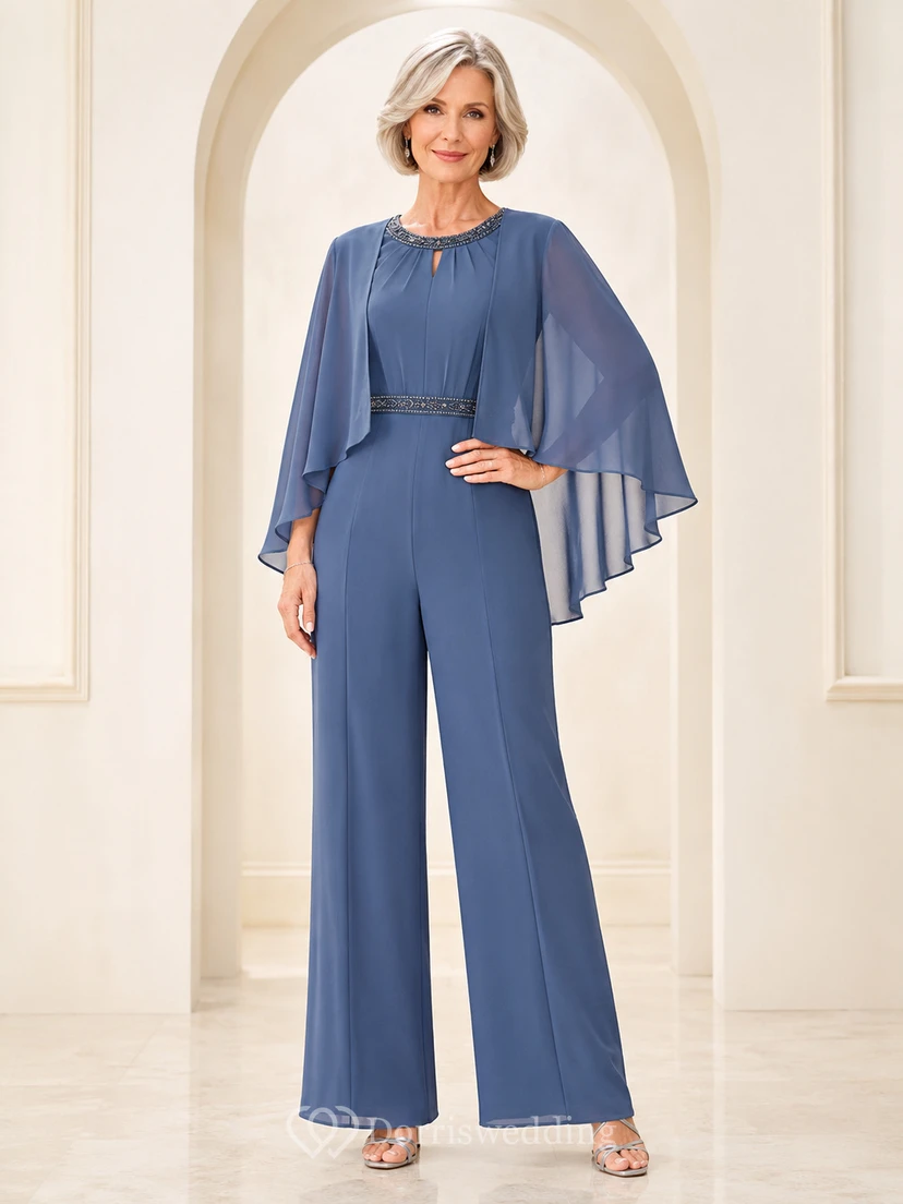 Steel Blue Mother Pantsuit with Chiffon Cape, Beaded Waist and Wide Leg Pants
