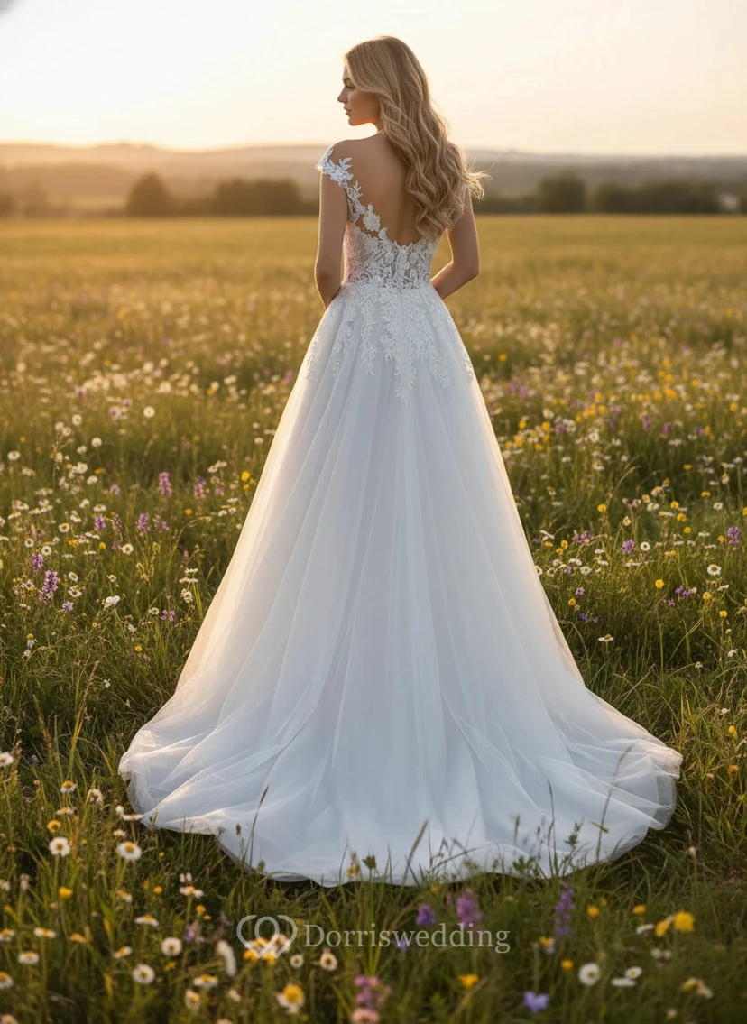Robe de mariée champêtre en tulle à épaules dénudées et fente haute en dentelle view 2