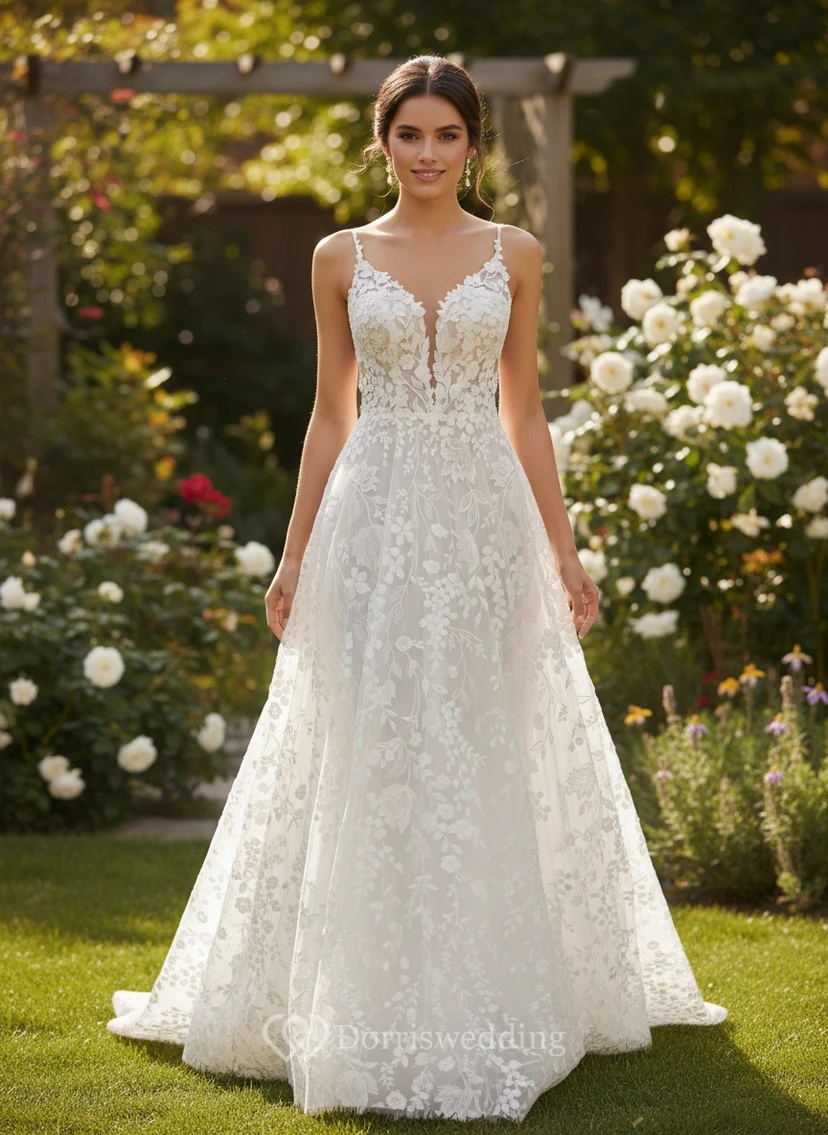 A-Linien-Hochzeitskleid aus Spaghettiträgern mit Blumenmuster und Spitze view 3