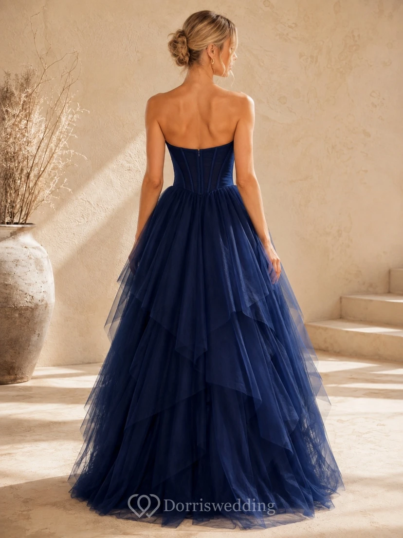 Dark Navy Strapless Layered Tulle Ball Gown Prom Dress view 2
