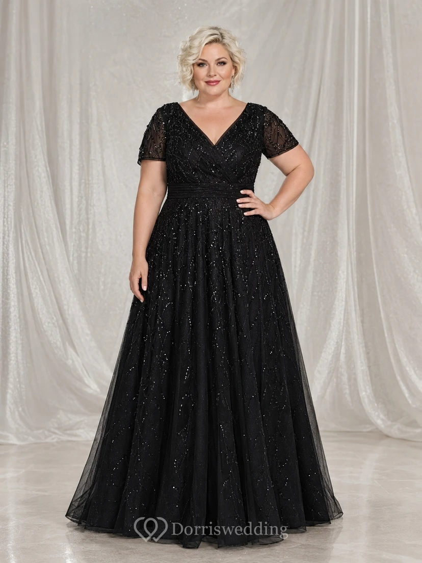 Vestido formal de talla grande, modesto, de manga corta, con lentejuelas, corte en A y largo hasta el suelo.