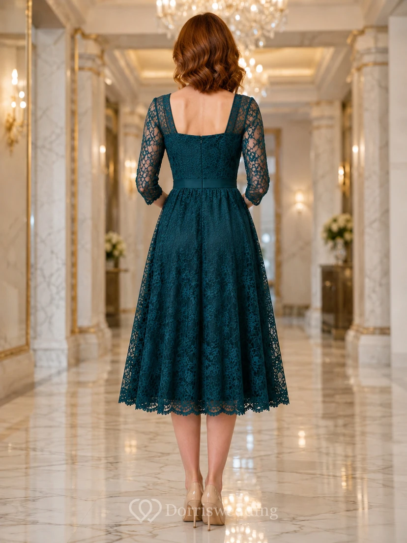 Dunkelgrünes, langärmeliges Midikleid aus Spitze in A-Linie für Eventgäste view 2