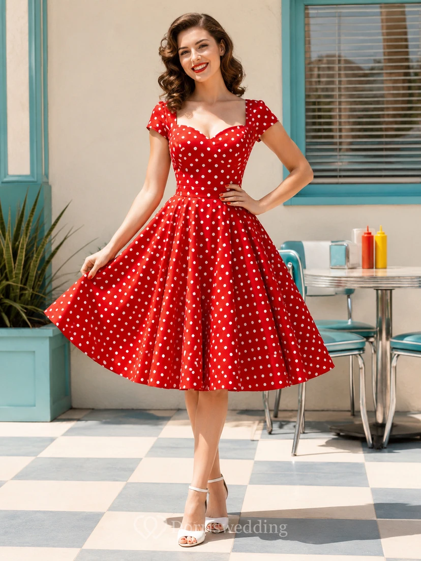 Red Polka Dot Sweetheart Cap Sleeve Retro Swing Dress