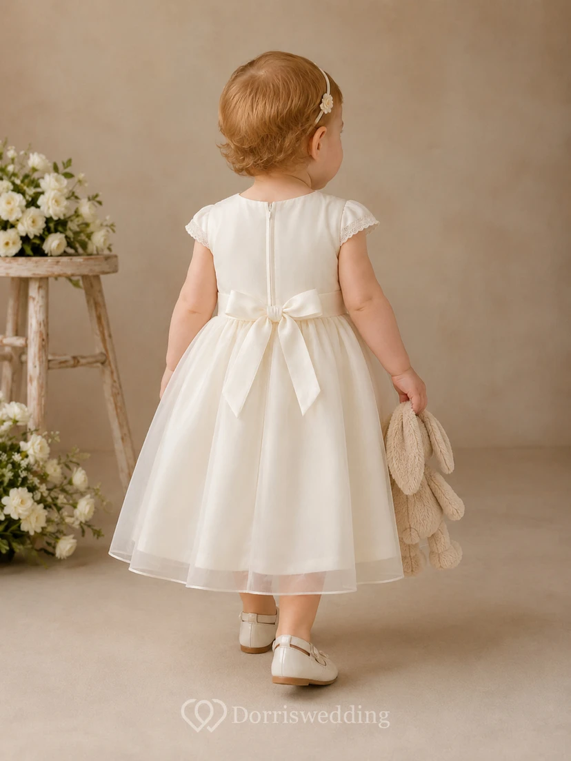 Square Neck Baptism Dress A-Line Tulle Lace Short Sleeve Bow Back view 2