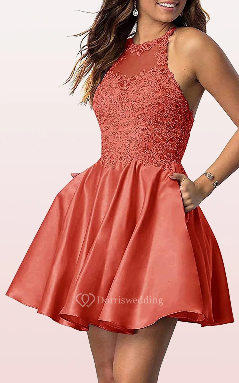 Robe de bal simple mini trapèze sans manches en satin et dentelle avec appliques view 5