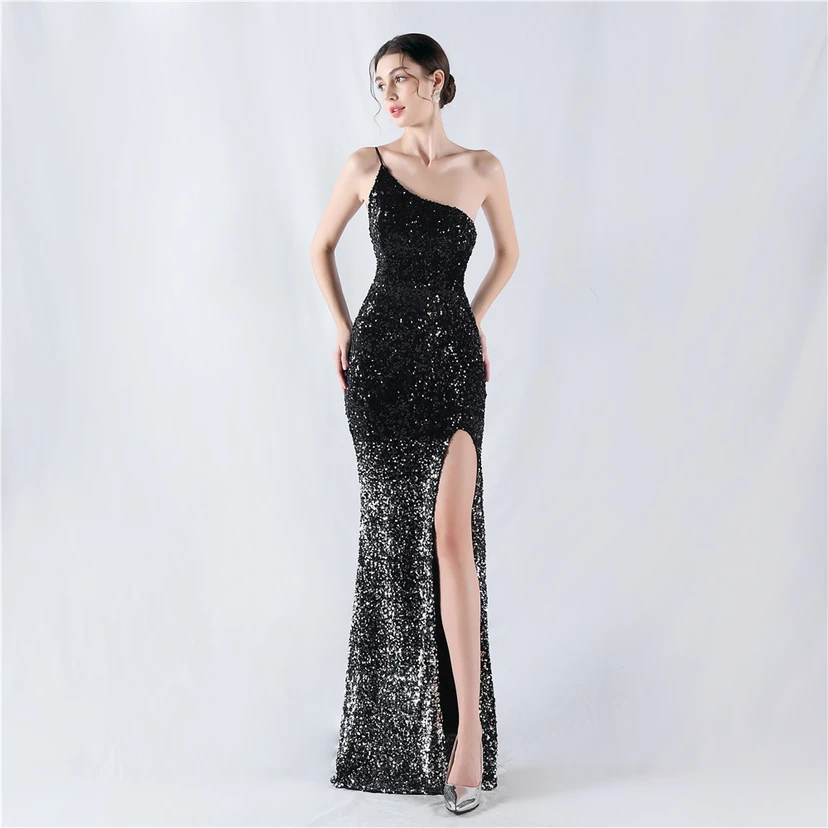 Sexy Abendkleid mit Samtsaum, Farbverlauf, Pailletten, hohem Schlitz und schräger Schulterpartie view 42