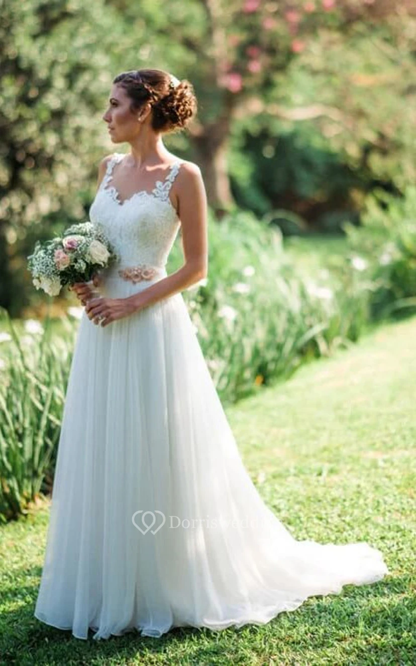 Lässiges, schlichtes Brautkleid im Empire-Stil mit A-Linie, Falten und Chiffon sowie Spitzentop