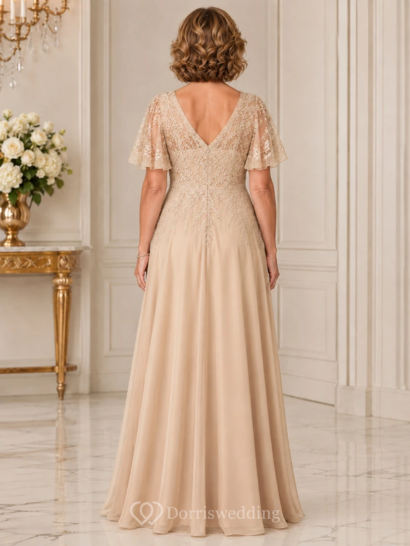 Champagne Low V Back Mother Gown Champagne V-neck A-Line Floor-length view 2