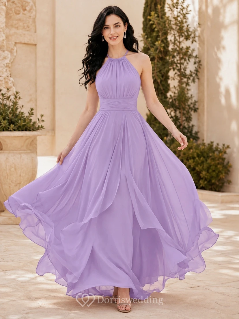 Boho Lilac Square Neck Sleeveless Tiered A-line Chiffon Dress
